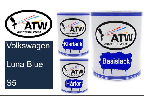 Volkswagen, Luna Blue, S5: 1L Lackdose + 1L Klarlack + 500ml Härter - Set, von ATW Autoteile West.